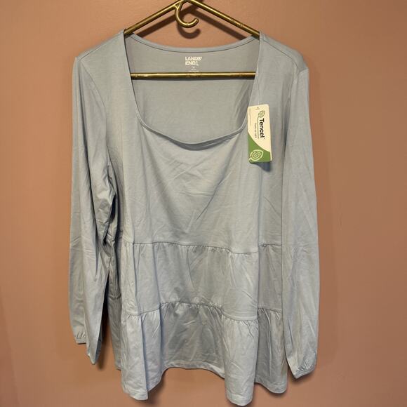 Land’s End Blue Tiered Blouse Top Solid Blue 1X Tencel Square Neck Prairie - Picture 1 of 8